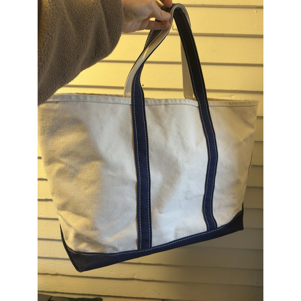 Vintage L.L. Bean Boat & Tote Made in USA White Blue Canvas Tote Bag Large - Picture 2 of 5